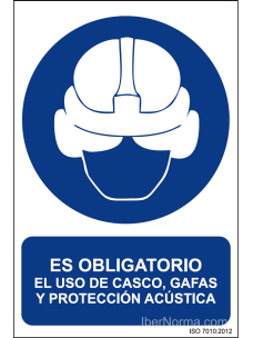 Señal Es obligatorio el uso de casco, gafas y protección acústica - PVC - NMZ (Normaluz)