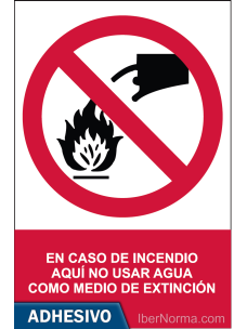 Cartel adhesivo - En caso de incendio aquí no usar agua como medio de extinción - NMZ (Normaluz)